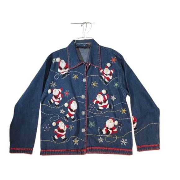 Vintage Denim Christmas jacket Shacket with Ice Skating Santa Claus S - Picture 1 of 9
